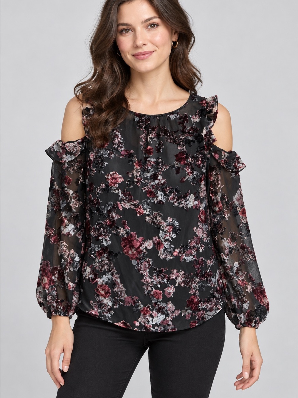 White House Black Market Black Floral Cold-Shoulder Blouse